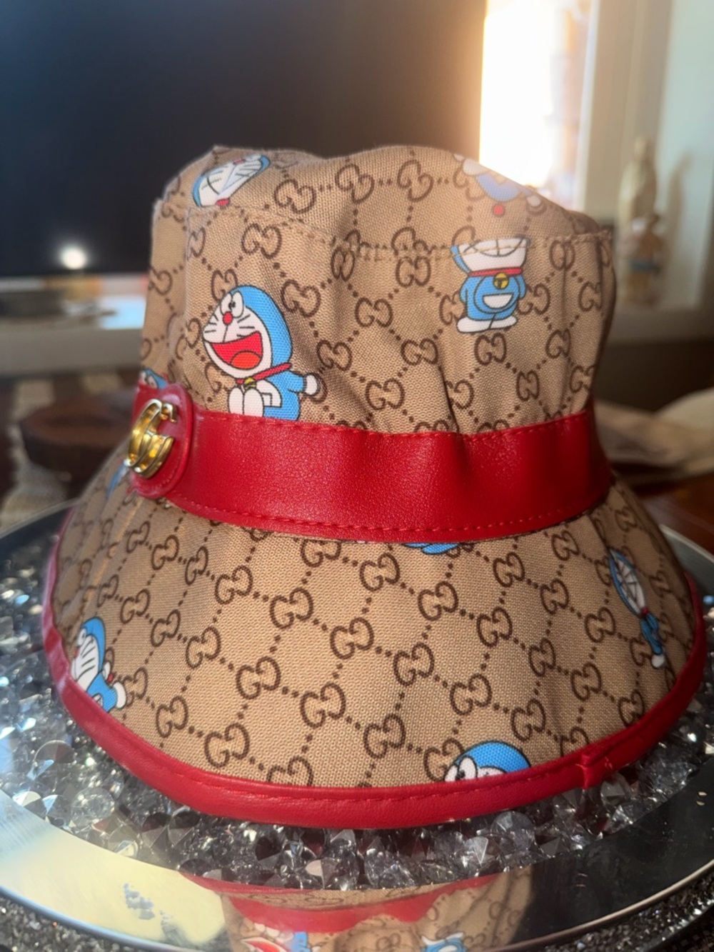 Beige Monogram Doraemon style Bucket Hat with Red Trim nwot